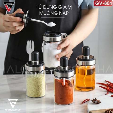 Lọ đựng gia vị thuỷ tinh borosilicate muỗng liền nắp thông minh có viền inox 304 (220ml & 350ml) - PHALEDO (PL-0322) - gia dụng plus