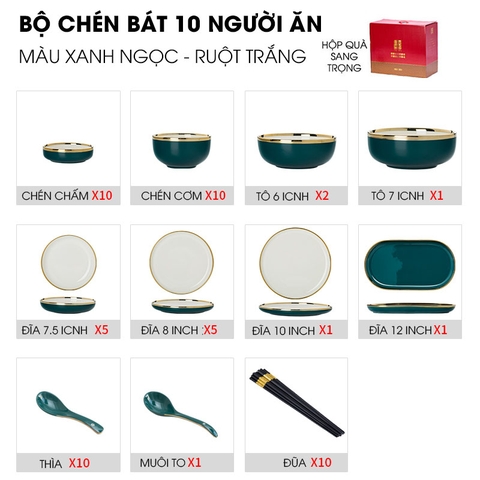 Bộ chén XANH LÒNG TRẮNG/ bát đĩa màu xanh ngọc, ruột trắng cao cấp sứ