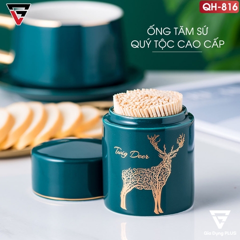 Ống Đựng Tăm Đặt Bàn Gốm Sứ Sang Trọng Với Màu Xanh Ngọc Lục Bảo | Có Nắp Đậy Kín & Viền Vàng Nổi Bật - Gia dụng Plus