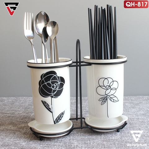 Bộ Ống Đựng Muỗng Đũa Sứ Đặt Bàn (Màu Trắng) | Nhiều Hoạ Tiết Trang Trí Khác Nhau | Qianhuiju - Gia dụng Plus