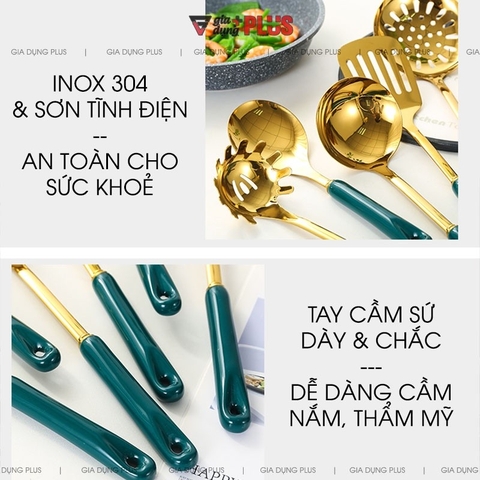 🔴OUTLET | Bộ muỗng canh, muỗng lẩu, xẻng, thìa bằng inox 304, tay cán sứ xanh ngọc lục bảo cao cấp