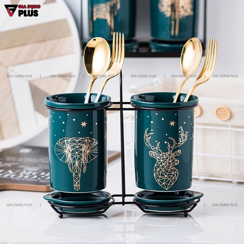 🔴OUTLET | Hộp đựng đũa sứ, thìa, muỗng sứ dán tường & đặt bàn - màu xanh ngọc lục bảo (xanh cổ vịt)