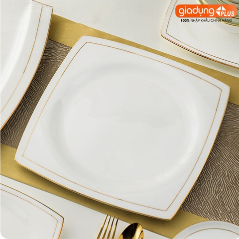 Bộ chén bát sứ WHITE LUXURY viền vàng cao cấp nhập khẩu - Set 10 người ăn gồm chén, bát, đĩa, tô, nồi, muỗng, đũa.. - Gia dụng Plus