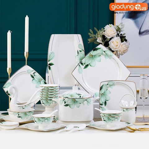 Bộ chén bát sứ BÁCH HỢP (Lily Flowers) cao cấp nhập khẩu - Set 10 người ăn gồm chén, bát, đĩa, tô, nồi, muỗng, đũa.. - Gia dụng Plus