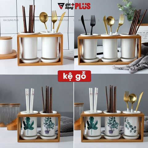 🔴OUTLET | Kệ đựng ống đũa bằng gốm sứ - kệ gỗ, có đĩa hứng nước sạch sẽ phong cách Bắc Âu