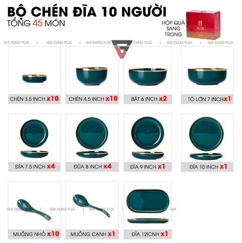Bộ Đồ Ăn Chén Bát Đĩa Tô Sứ Xanh Ngọc Lục Bảo Viền Vàng Phong Cách Bắc Âu Cao Cấp | Qianhuiju - Gia dụng Plus