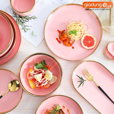 🔴OUTLET | Chén chấm, chén cơm, tô bát & đĩa sứ màu hồng phấn, hồng vân đá cao cấp phong cách Bắc Âu