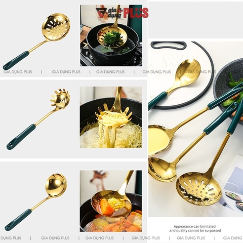 🔴OUTLET | Bộ muỗng canh, muỗng lẩu, xẻng, thìa bằng inox 304, tay cán sứ xanh ngọc lục bảo cao cấp