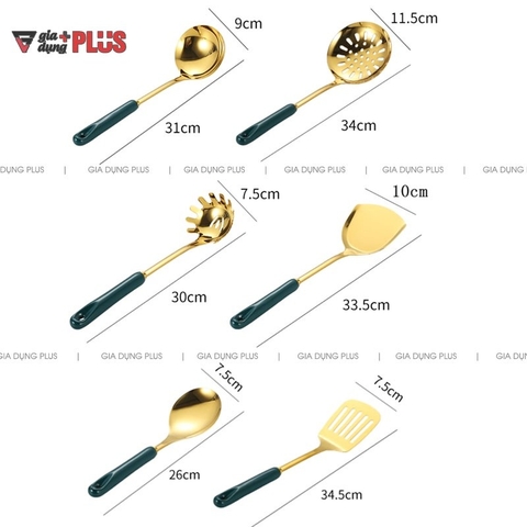 🔴OUTLET | Bộ muỗng canh, muỗng lẩu, xẻng, thìa bằng inox 304, tay cán sứ xanh ngọc lục bảo cao cấp