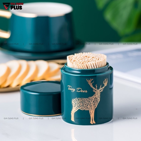 【Xả Kho】Ống đựng tăm sứ xanh ngọc lục bảo, trang trí nai sừng tấm quý tộc VIMORA