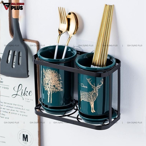 🔴OUTLET | Hộp đựng đũa sứ, thìa, muỗng sứ dán tường & đặt bàn - màu xanh ngọc lục bảo (xanh cổ vịt)