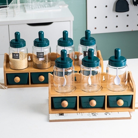 🔴OUTLET | Bộ Hộp Đựng Gia Vị Gốm Sứ Xanh Ngọc Lục Bảo | Kèm Kệ Gỗ & Bình Đựng Dầu Thuỷ Tinh Cao Cấp