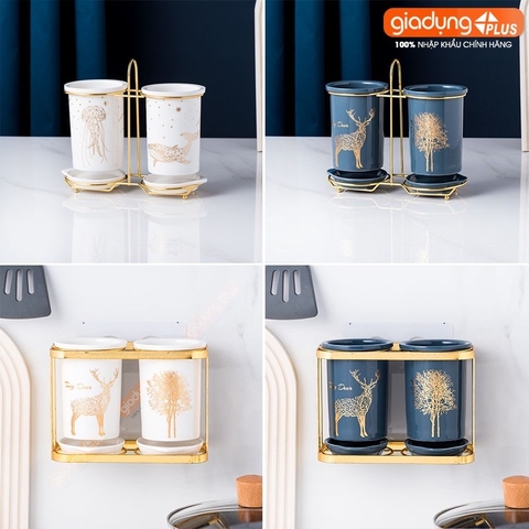 🔴OUTLET | Bộ ống đựng đũa sứ đựng đũa, thìa, muỗng cao cấp kèm khung thép xuất Nhật