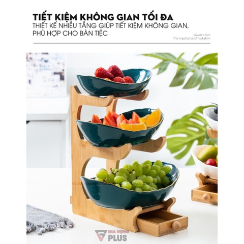 【Xả Kho】Đĩa Trái Cây Gốm Sứ Nhiều Tầng Kèm Kệ Gỗ Sang Trọng | Màu Xanh Ngọc Lục Bảo & Màu Trắng | Phong Cách Bắc Âu