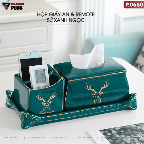 Hộp Đựng Khăn Giấy Gốm Sứ Xanh Ngọc Lục Bảo | Kèm Kệ Mạ Vàng Đựng Điều Khiển Từ Xa Đa Năng | Phong Cách Bắc Âu - Gia dụng Plus