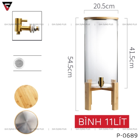 Bình Thuỷ Tinh Chịu Nhiệt Borosilicate Đựng Nước Giải Khát, Nước Rượu Đa Năng Nắp & Kệ Gỗ - Có Vòi Rót & Đồng Hồ Đo Áp Suất Thông Minh - Gia dụng Plus