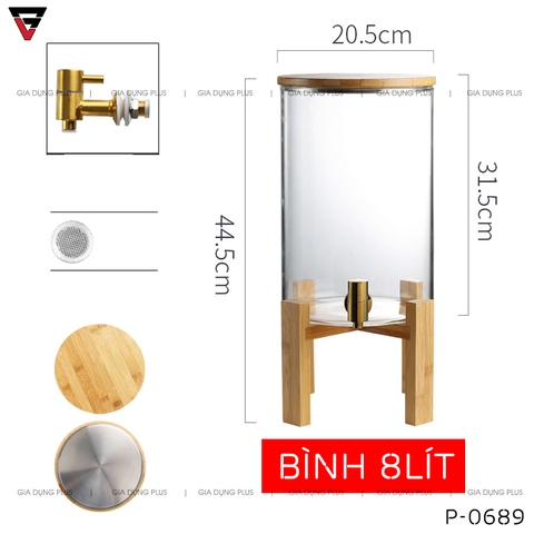 Bình Thuỷ Tinh Chịu Nhiệt Borosilicate Đựng Nước Giải Khát, Nước Rượu Đa Năng Nắp & Kệ Gỗ - Có Vòi Rót & Đồng Hồ Đo Áp Suất Thông Minh - Gia dụng Plus