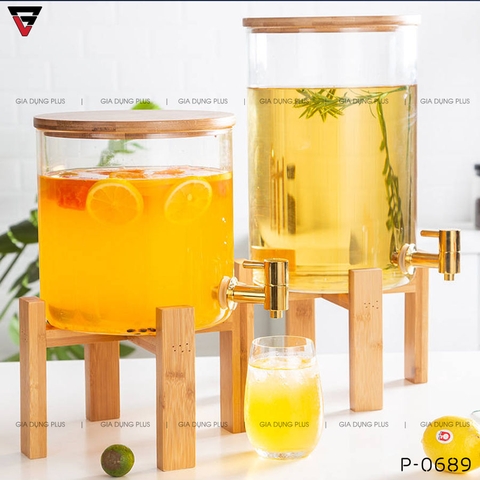 Bình Thuỷ Tinh Chịu Nhiệt Borosilicate Đựng Nước Giải Khát, Nước Rượu Đa Năng Nắp & Kệ Gỗ - Có Vòi Rót & Đồng Hồ Đo Áp Suất Thông Minh - Gia dụng Plus