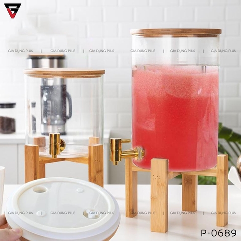 Bình Thuỷ Tinh Chịu Nhiệt Borosilicate Đựng Nước Giải Khát, Nước Rượu Đa Năng Nắp & Kệ Gỗ - Có Vòi Rót & Đồng Hồ Đo Áp Suất Thông Minh - Gia dụng Plus