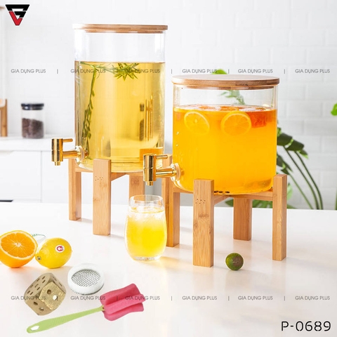 Bình Thuỷ Tinh Chịu Nhiệt Borosilicate Đựng Nước Giải Khát, Nước Rượu Đa Năng Nắp & Kệ Gỗ - Có Vòi Rót & Đồng Hồ Đo Áp Suất Thông Minh - Gia dụng Plus