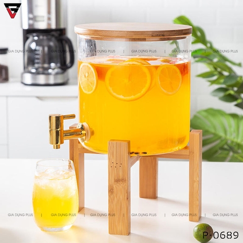 Bình Thuỷ Tinh Chịu Nhiệt Borosilicate Đựng Nước Giải Khát, Nước Rượu Đa Năng Nắp & Kệ Gỗ - Có Vòi Rót & Đồng Hồ Đo Áp Suất Thông Minh - Gia dụng Plus