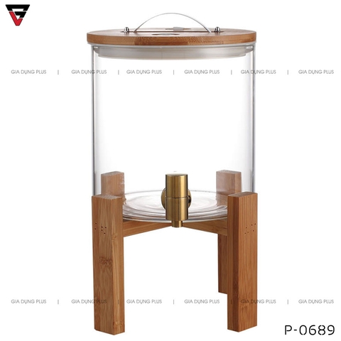 Bình Thuỷ Tinh Chịu Nhiệt Borosilicate Đựng Nước Giải Khát, Nước Rượu Đa Năng Nắp & Kệ Gỗ - Có Vòi Rót & Đồng Hồ Đo Áp Suất Thông Minh - Gia dụng Plus