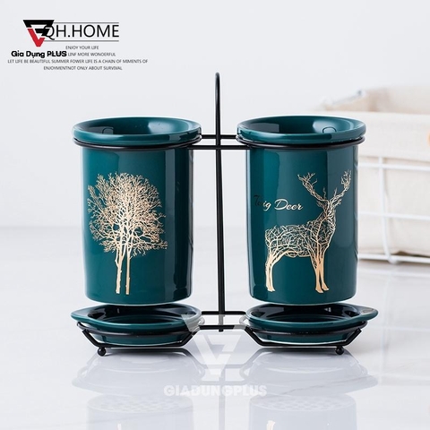 Ống Đũa Sứ Xanh Ngọc Lục Bảo (Đặt Bàn & Treo Tường) | QIANHUIJU - Gia dụng Plus