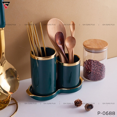 Bộ Đôi Ống Đựng Đũa Bằng Gốm Sứ Đa Năng, Có Khay Hứng Nước Sang Trọng PL-0688 - Gia dụng Plus