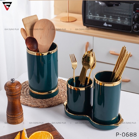 Bộ Đôi Ống Đựng Đũa Bằng Gốm Sứ Đa Năng, Có Khay Hứng Nước Sang Trọng PL-0688 - Gia dụng Plus