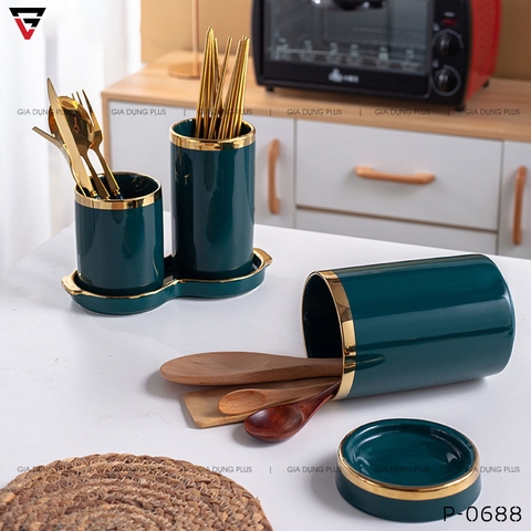 Bộ Đôi Ống Đựng Đũa Bằng Gốm Sứ Đa Năng, Có Khay Hứng Nước Sang Trọng PL-0688 - Gia dụng Plus