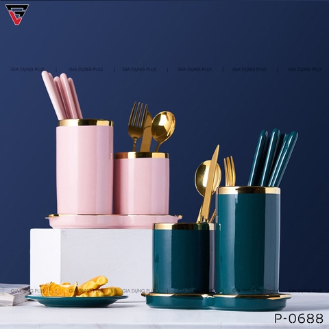 Bộ Đôi Ống Đựng Đũa Bằng Gốm Sứ Đa Năng, Có Khay Hứng Nước Sang Trọng PL-0688 - Gia dụng Plus