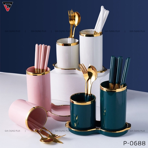 Bộ Đôi Ống Đựng Đũa Bằng Gốm Sứ Đa Năng, Có Khay Hứng Nước Sang Trọng PL-0688 - Gia dụng Plus