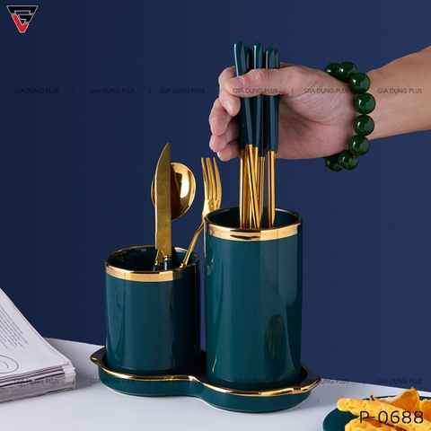 Bộ Đôi Ống Đựng Đũa Bằng Gốm Sứ Đa Năng, Có Khay Hứng Nước Sang Trọng PL-0688 - Gia dụng Plus