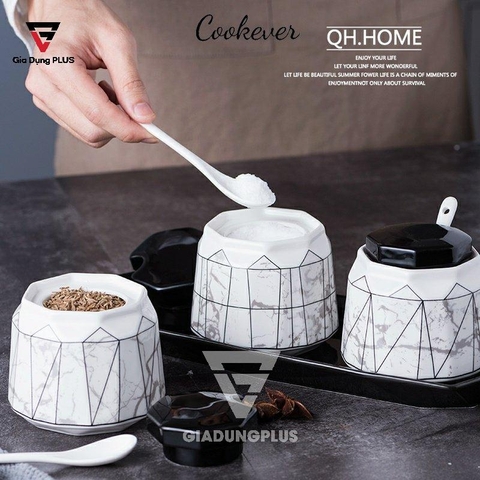 Bộ Hộp Đựng Gia Vị Sứ Cao Cấp & Sang Trọng Cho Nhà Bếp | Thiết Kế Hình Kim Cương, Phong Cách Bắc Âu - QianHuiju - Gia dụng Plus