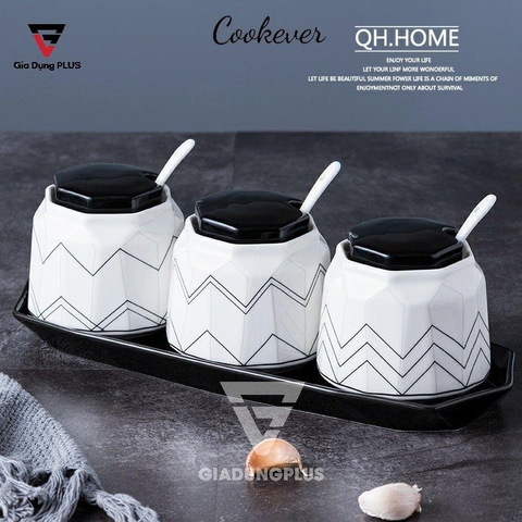 Bộ Hộp Đựng Gia Vị Sứ Cao Cấp & Sang Trọng Cho Nhà Bếp | Thiết Kế Hình Kim Cương, Phong Cách Bắc Âu - QianHuiju - gia dụng plus