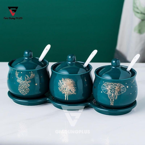 Bộ Ba Hộp Gia Vị Gốm Sang Trọng - Màu Ngọc Lục Bảo - Đặt Bàn & Treo Tường Cho Nhà Bếp | QianHuiju - Gia dụng Plus