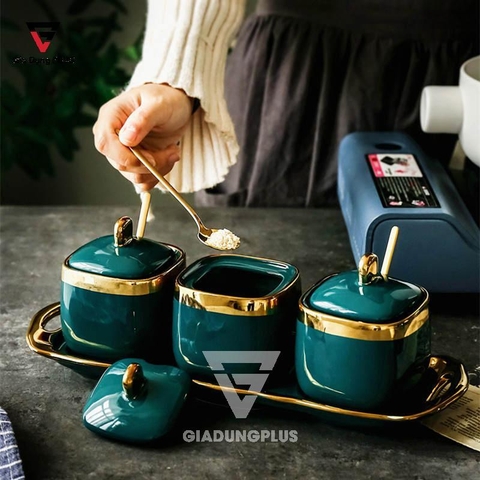 Bộ Ba Hũ Gia Vị Sứ Đặt Bàn Cao Cấp - Màu Xanh Ngọc Phỉ Thuý - Gốm Sứ Thủ Công | Baike - Gia dụng Plus