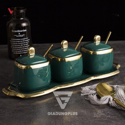 Bộ Ba Hũ Gia Vị Sứ Đặt Bàn Cao Cấp - Màu Xanh Ngọc Phỉ Thuý - Gốm Sứ Thủ Công | Baike - Gia dụng Plus