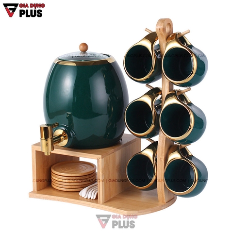 Bộ Chum Đựng Nước & Rượu, Kèm Tách Bằng Gốm Sứ & Kệ Gỗ Sang Trọng | Màu Xanh Ngọc Lục Bảo Cao Cấp - Gia dụng Plus