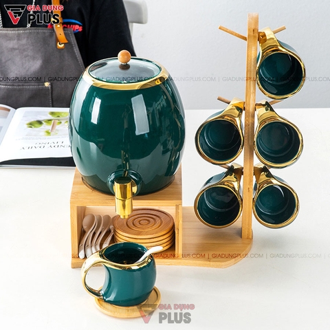 Bộ Chum Đựng Nước & Rượu, Kèm Tách Bằng Gốm Sứ & Kệ Gỗ Sang Trọng | Màu Xanh Ngọc Lục Bảo Cao Cấp - Gia dụng Plus