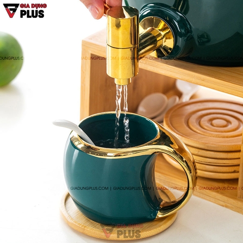 Bộ Chum Đựng Nước & Rượu, Kèm Tách Bằng Gốm Sứ & Kệ Gỗ Sang Trọng | Màu Xanh Ngọc Lục Bảo Cao Cấp - Gia dụng Plus