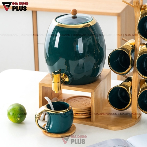 Bộ Chum Đựng Nước & Rượu, Kèm Tách Bằng Gốm Sứ & Kệ Gỗ Sang Trọng | Màu Xanh Ngọc Lục Bảo Cao Cấp - Gia dụng Plus