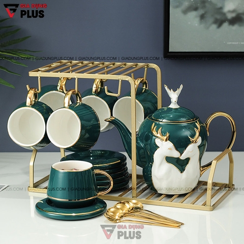 Bộ Ấm Trà Sứ Cặp Đôi Hươu Xanh Ngọc Lục Bảo | Kèm Ly, Kệ & Tách Sang Trọng | Quà Cưới & Quà Tân Gia Ý Nghĩa - gia dụng plus