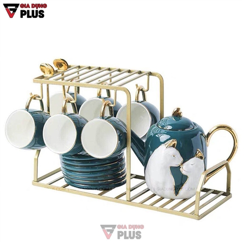 Bộ Ấm Trà Sứ Cặp Đôi Hươu Xanh Ngọc Lục Bảo | Kèm Ly, Kệ & Tách Sang Trọng | Quà Cưới & Quà Tân Gia Ý Nghĩa - Gia dụng Plus