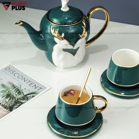 Bộ Ấm Trà Sứ Cặp Đôi Hươu Xanh Ngọc Lục Bảo | Kèm Ly, Kệ & Tách Sang Trọng | Quà Cưới & Quà Tân Gia Ý Nghĩa - Gia dụng Plus