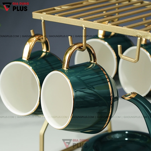 Bộ Ấm Trà Sứ Cặp Đôi Hươu Xanh Ngọc Lục Bảo | Kèm Ly, Kệ & Tách Sang Trọng | Quà Cưới & Quà Tân Gia Ý Nghĩa - Gia dụng Plus