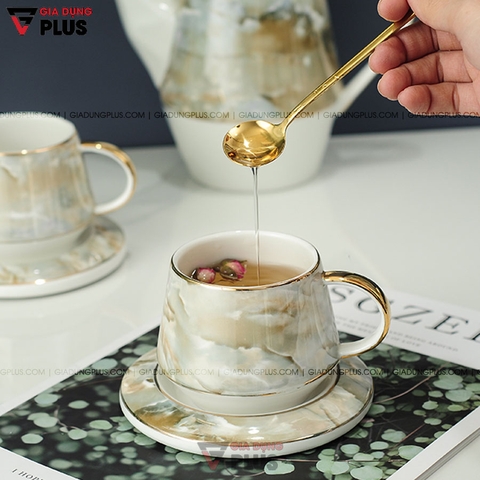 Bộ Ấm Trà Đá Cẩm Thạch Thanh Lịch | Kèm Ly, Tách & Kệ Mạ Vàng Cao Cấp | Quà Tết, Quà Cưới, Quà Tân Gia Ý Nghĩa - Gia dụng Plus