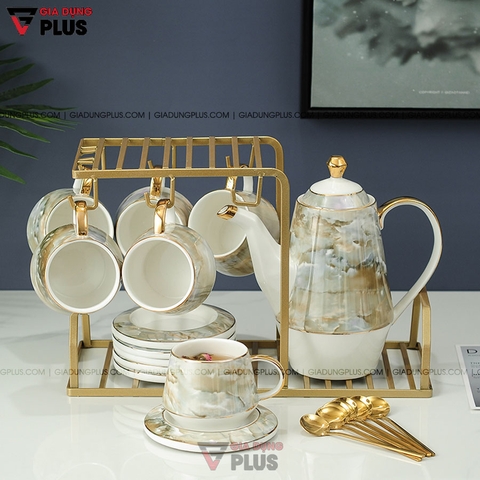 Bộ Ấm Trà Đá Cẩm Thạch Thanh Lịch | Kèm Ly, Tách & Kệ Mạ Vàng Cao Cấp | Quà Tết, Quà Cưới, Quà Tân Gia Ý Nghĩa - gia dụng plus