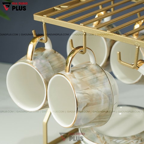 Bộ Ấm Trà Đá Cẩm Thạch Thanh Lịch | Kèm Ly, Tách & Kệ Mạ Vàng Cao Cấp | Quà Tết, Quà Cưới, Quà Tân Gia Ý Nghĩa - Gia dụng Plus