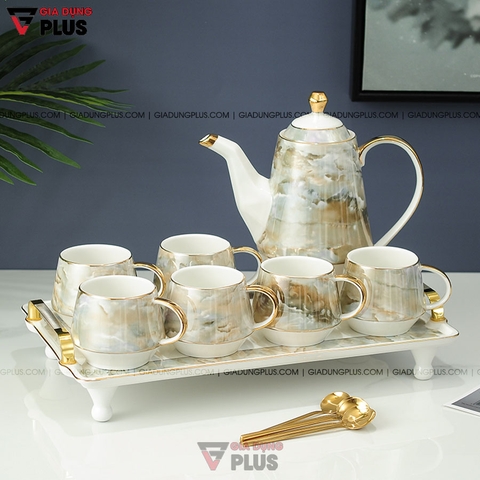 Bộ Ấm Trà Đá Cẩm Thạch Thanh Lịch | Kèm Ly, Tách & Kệ Mạ Vàng Cao Cấp | Quà Tết, Quà Cưới, Quà Tân Gia Ý Nghĩa - Gia dụng Plus